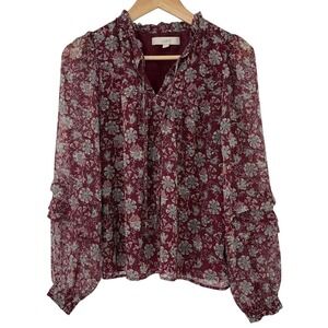 LOFT Floral Print Long Sleeve Ruffle Neck Blouse Women's Size S Office